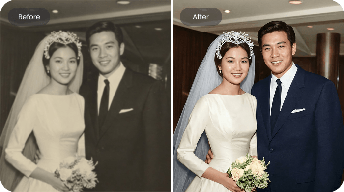 老旧婚礼照片修复对比：自动上色并提升画质，让珍贵回忆重新清晰呈现。