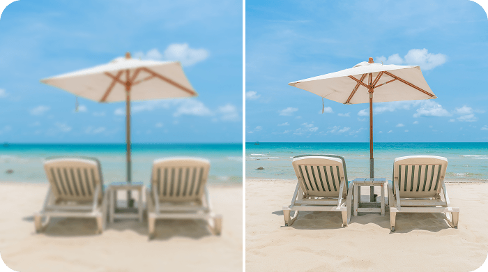 海边照片前后对比，用佐糖一键修复模糊图片，画面变得清晰，提升到4K高解析度，细节也都完整还原了。